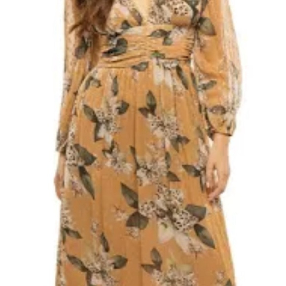 Elegant Floral Long Sleeve Dress in Tan and Green